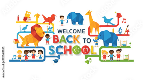 Fotografie Welcome Back to School Wonderland: A vibrant illustration bursting with colorful characters, playful animals, and educational symbols, welcoming students to a magical and exciting school year