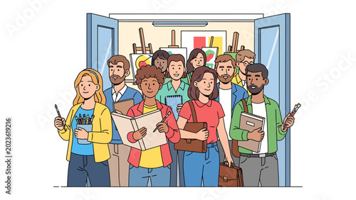 Quadro su tela Artistic Awakening: A diverse group of aspiring artists emerges from a studio, armed with sketchbooks and pencils, ready to capture the world's beauty