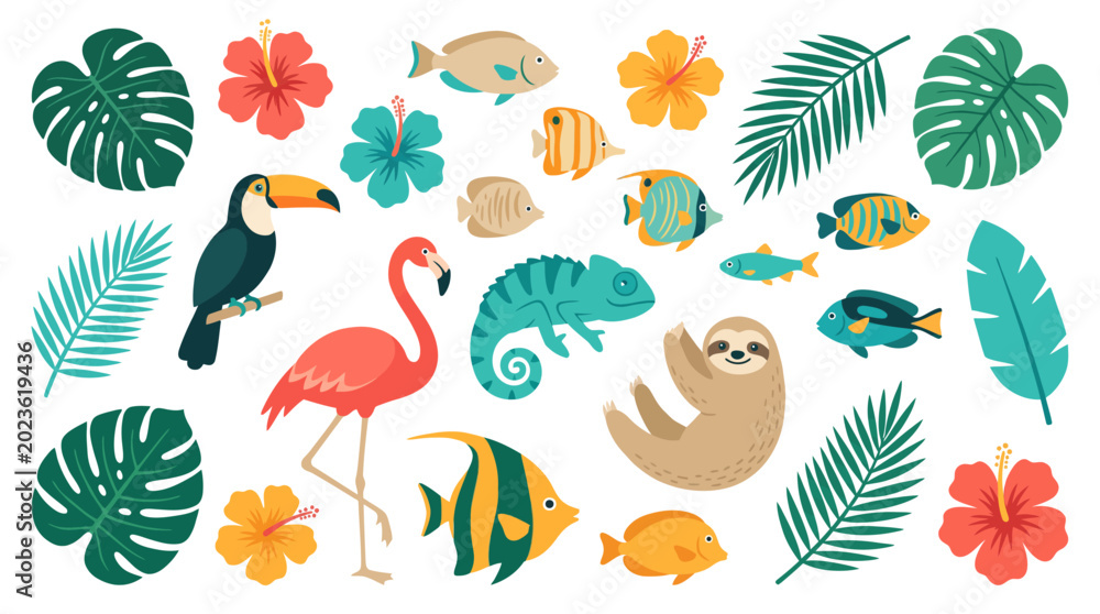Fototapeta premium Tropical jungle animals and plants illustrations