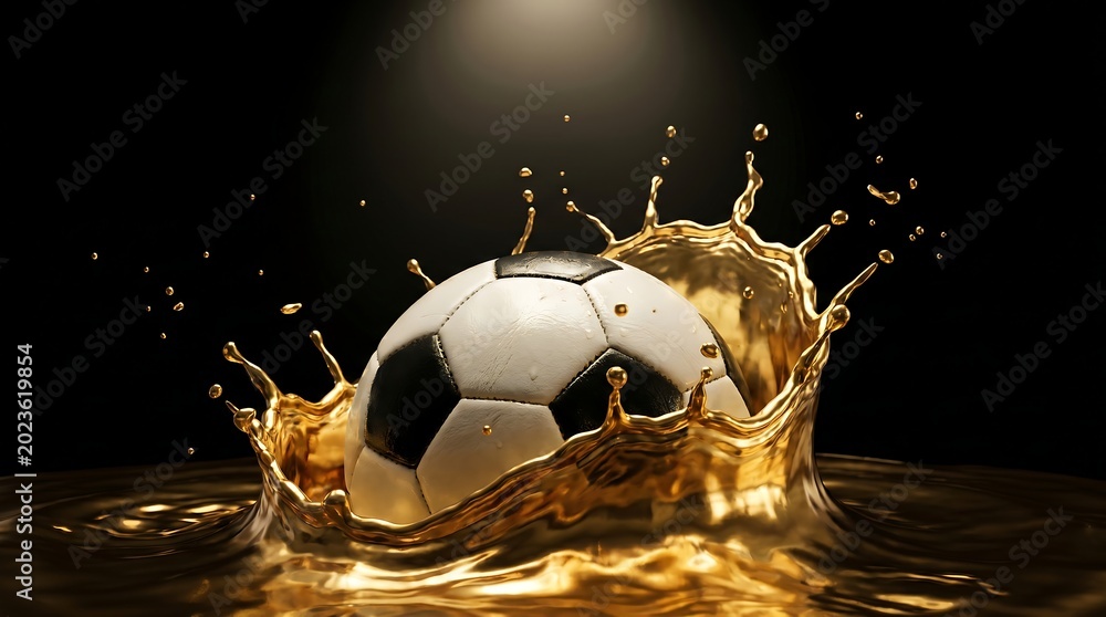 Fototapeta premium Soccer ball splashing in golden liquid on black background