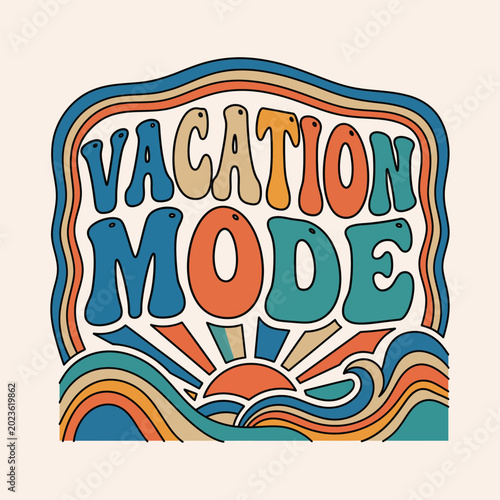 Vacation mode retro groovy summer text design with sun and ocean waves t shirt vacation typography illustration colorful aesthetic cheerful nostalgia tropical decorative creative