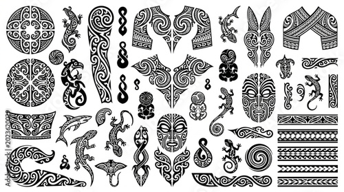 Collection of Maori tribal tattoo designs and symbols.
