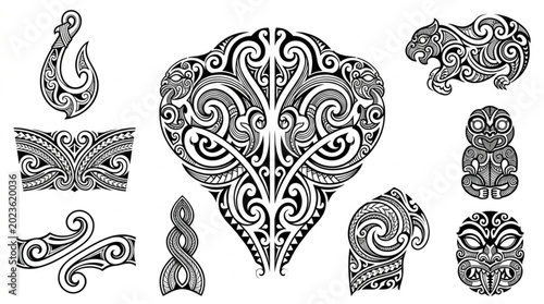 Collection of Maori Tribal Tattoo Designs and Symbols.