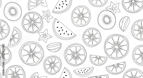 Canvastavla Seamless pattern of black and white tropical fruits line art