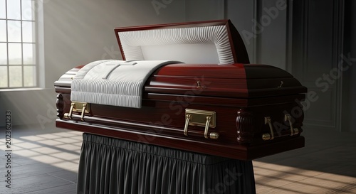Casket on stand in funeral home.