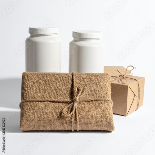 White containers and wrapped gifts on white surface