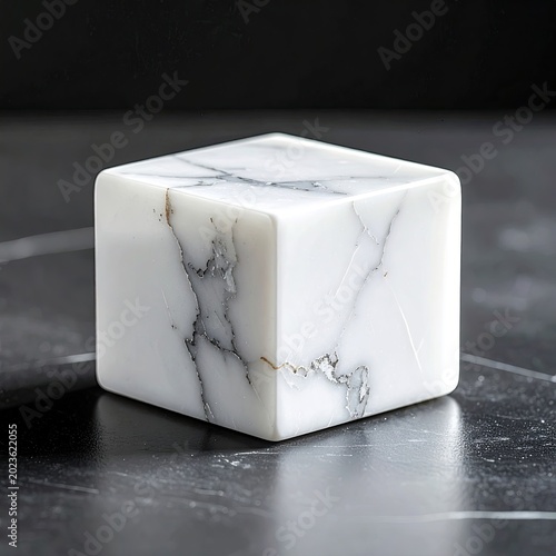 White marbled cube on a dark, textured surface