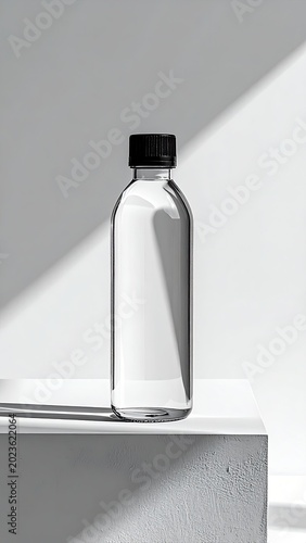 Clear water bottle stands in sunlit, white scene
