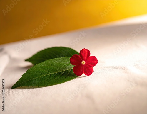 Red flower on green leaves, soft light, and background