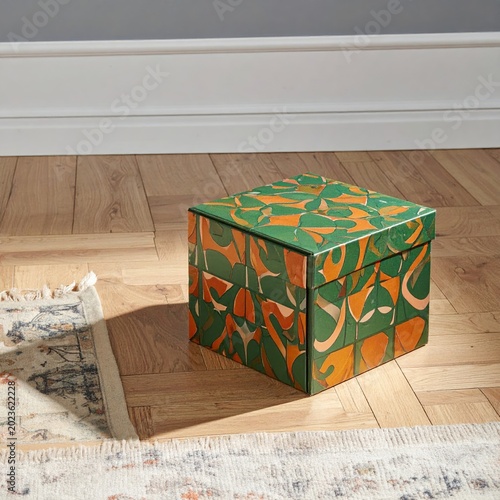 Decorative box with green and orange patterned design