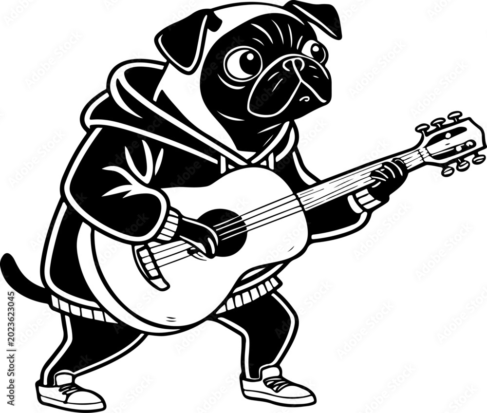 Fototapeta premium A pug dog with a guitar silhouette vector illustration