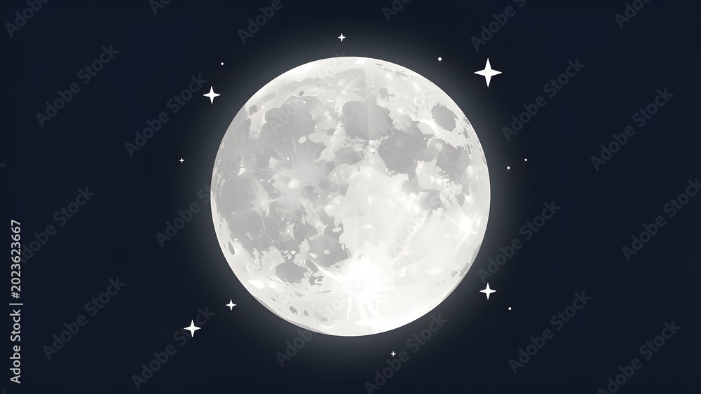Fototapeta premium Magical full moon surrounded by 3d gold stars. Whimsical celestial element isolated on dark background