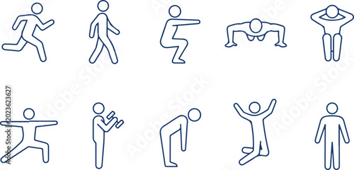 Konstfotografi Set of simple blue outline icons representing people engaged in various fitness activities and sports on a transparent background