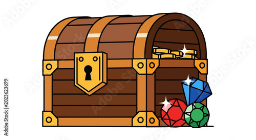 Obraz na płótnie Open treasure chest with gold coins and colorful gemstones.