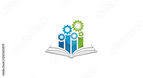 Open book with colorful bars and gear icons representing education and industry