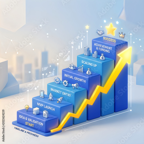 Startup progress chart with steps indicating phases from idea to success and golden arrow showing upward trajectory.