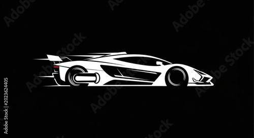 Tableau sur toile Sleek white sports car silhouette in motion on black background.