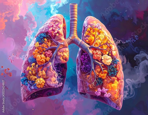 Human lungs with colorful smoke background.