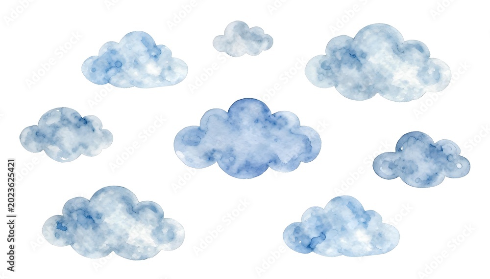 Fototapeta premium Whimsical watercolor clouds in various sizes and shades of blue