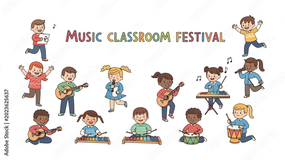 Fototapeta premium Music Classroom Festival: A vibrant illustration of children enthusiastically participating in a music classroom festival, playing various instruments and singing.