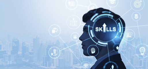 Silhouette of a man with digital skill icons and futuristic inte