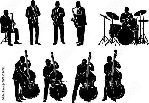Tableau sur toile Jazz Band Silhouette Set with Saxophone Trumpet Double Bass and Drum Musicians B