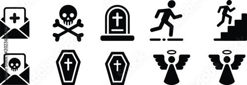 Quadro su tela Funeral and memorial icon set tombstones crosses urns candles vector illustratio