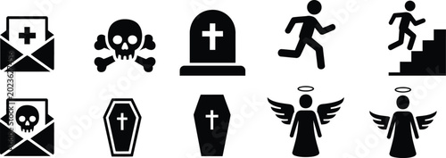 Quadro su tela Funeral and memorial icon set tombstones crosses urns candles vector illustratio