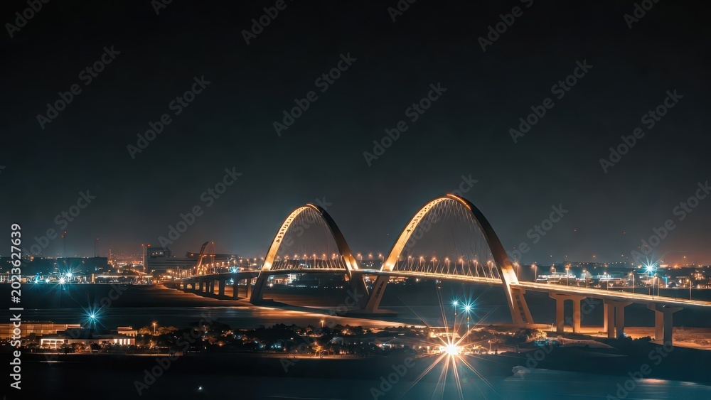 Fototapeta premium Illuminated Arched Bridge Spanning Waterway at Night with City Lights and Starbursts