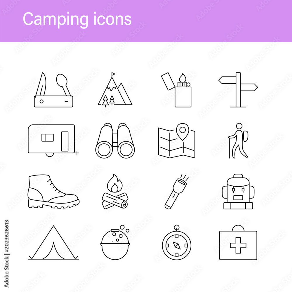 Fototapeta premium Camping and travel icons set. Outdoor related editable stroke
