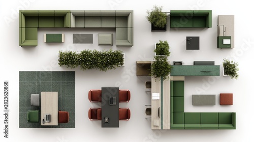 Modern office furniture layout top view design for interior spaces