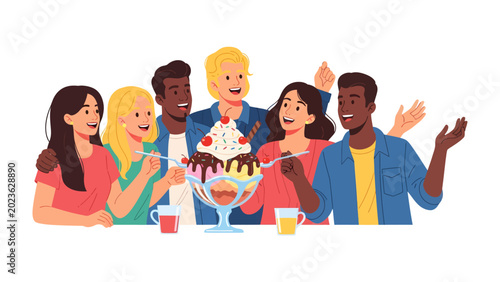 Tableau sur toile Sweet Indulgence: A group of diverse friends shares a colossal ice cream sundae, their faces alight with joy and shared pleasure, creating a moment of pure, sweet happiness