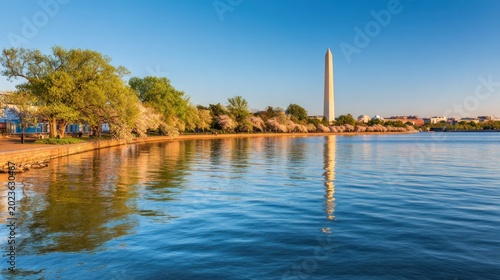 Washington dc sunrise view of the washington monument reflecting in the water along the tidal basin