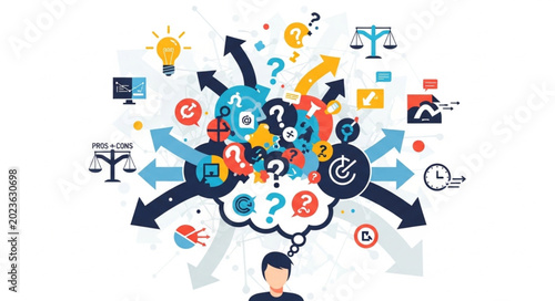 Man thinking with many ideas and choices represented by icons and arrows.