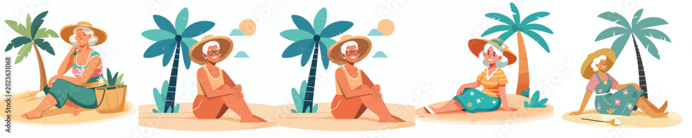 Obraz premium vector of a grandma sitting next to a coconut tree in summer