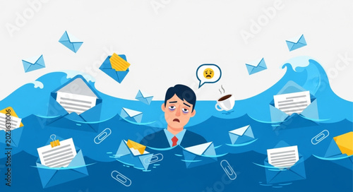 Man Drowning in Emails Overwhelmed by Workload.