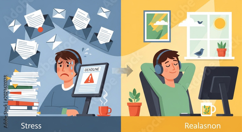 Man experiencing stress and then relaxation while working remotely.