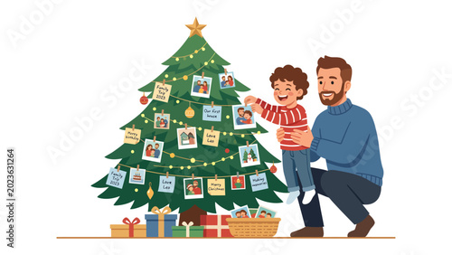 Konstfotografi Decorating Christmas Tree with Family Memories: A father and son happily decorate a Christmas tree with cherished family photos and ornaments, creating a warm and festive atmosphere
