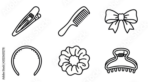 Hair Accessories Collection: Clips, Comb, Bow, Headband, Scrunchie, Claw Clip - Outline Icons