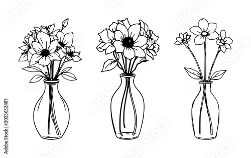 Flower vase set with simple black line art design featuring white background, single stem, minimalist bouquet with black outlines and vase