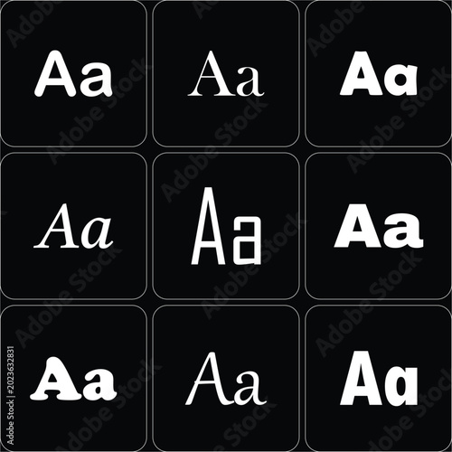 Alphabet Letters A and a in Different. Creative Typography Collection Featuring Uppercase A and Lowercase a in Multiple Font Styles, Serif and Sans Serif Letter Variations on Dark Background,