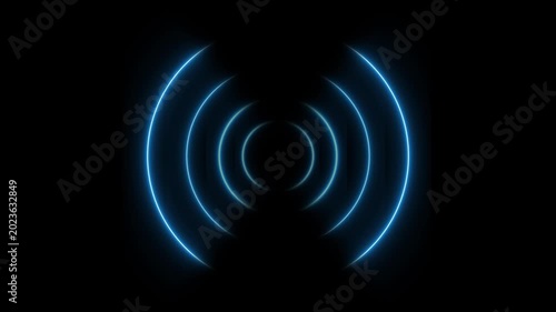Pulsing blue neon radio waves signal animation on black background, abstract broadcast
