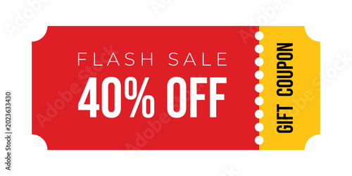 Konstfotografi Bright red rectangular flash sale banner featuring 40% off text in bold white and black fonts with a yellow gift coupon tag on the right side