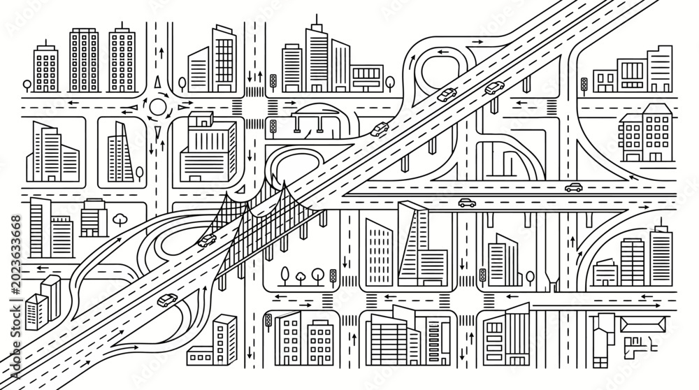 Obraz premium Detailed line art illustration of a bustling modern city with complex road networks, highways, buildings, and urban infrastructure.