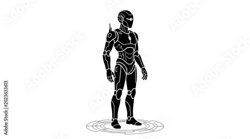 Sleek black silhouette of a futuristic humanoid robot standing on a circular technological platform against a white background.