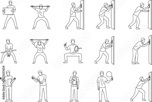 Collection of line of men performing various actions with tools and male person