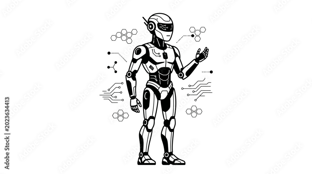 Obraz premium Black and white illustration of a futuristic humanoid robot surrounded by abstract technological and scientific elements, representing artificial intelligence and advanced engineering.