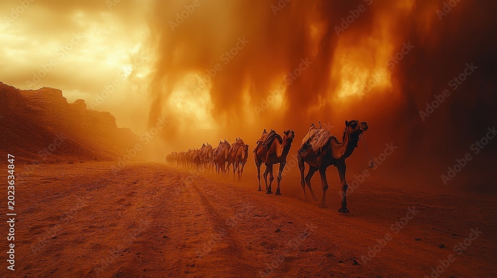 Fototapeta premium Caravan Of Camels Trekking Through A Desert Landscape During A Sandstorm Under A Hazy Orange Sky