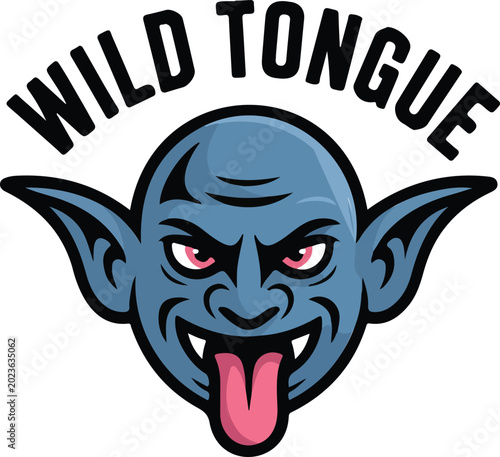 Photos Wild tongue mascot vector logo illustration with menacing blue goblin face, pointed ears, red eyes, and long pink tongue