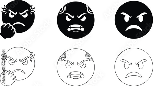 Billede på lærred Angry face emoji set filled and outline versions for digital communication